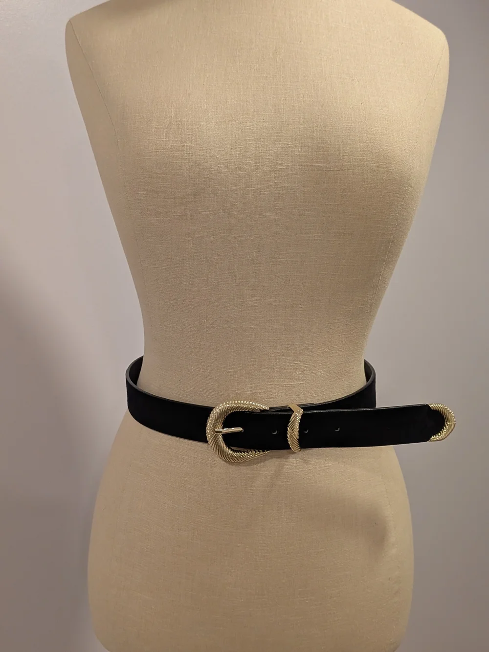 H&M Black Suede Belt with Textured Gold Buckle